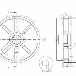 Techniczny rysunek koła z wymiarami, przekrojami i szczegółami, prezentujący detale konstrukcyjne i tolerancje.
