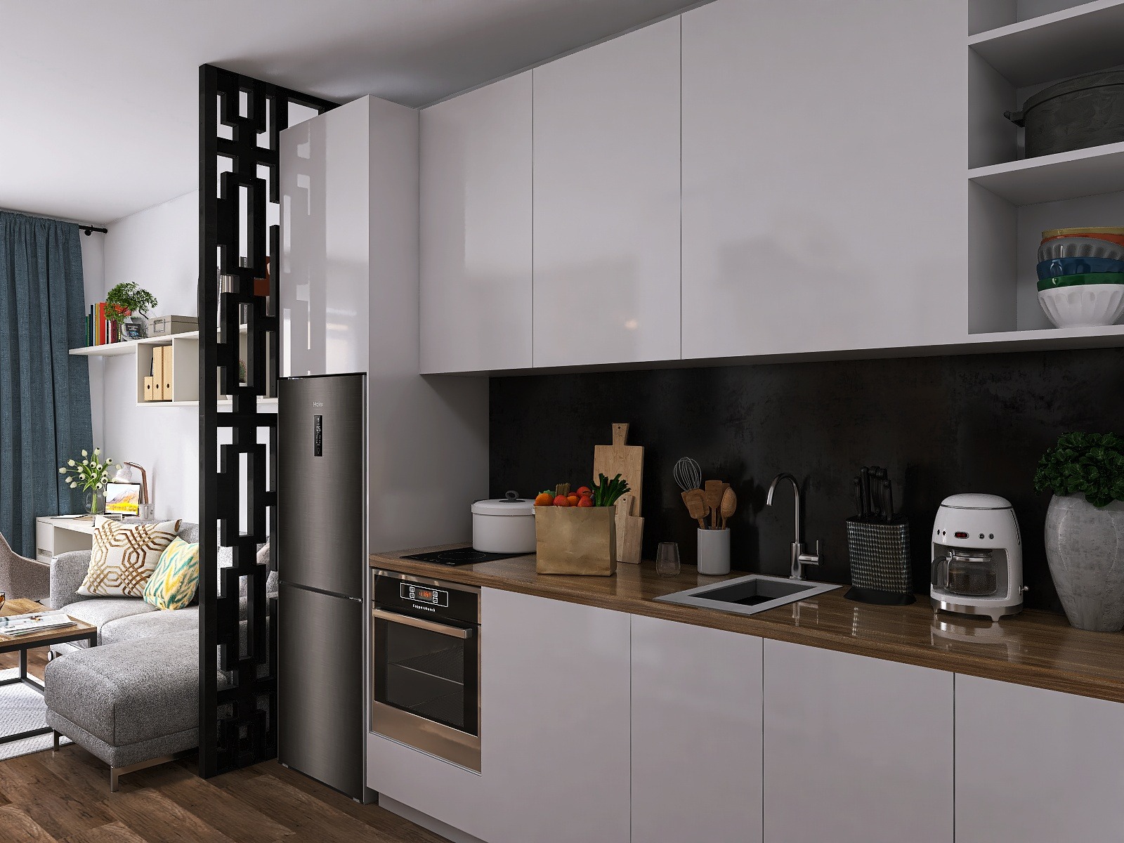 Wizualizacja nowoczesnej kuchni z białymi szafkami, czarnym panelem nad blatem, drewnianym blatem, srebrną lodówką i dekoracyjną ścianką działową z czarnych elementów, z widocznym fragmentem salonu...