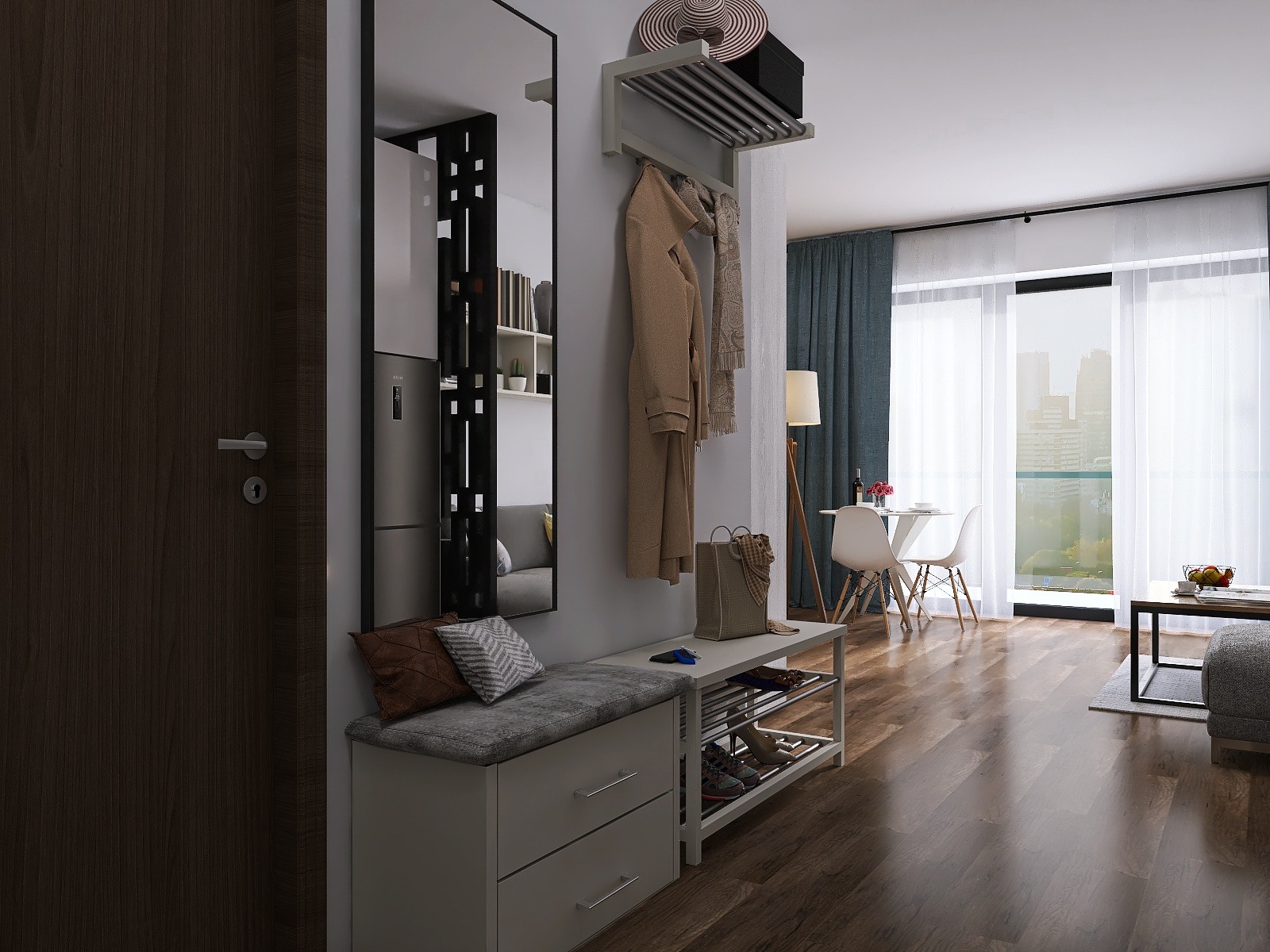 Wizualizacja wnętrza mieszkania z przedpokojem wyposażonym w szafę z lustrem, siedzisko z szufladami, wieszak na ubrania i półkę na buty, w tle pokój dzienny z widokiem na miasto.