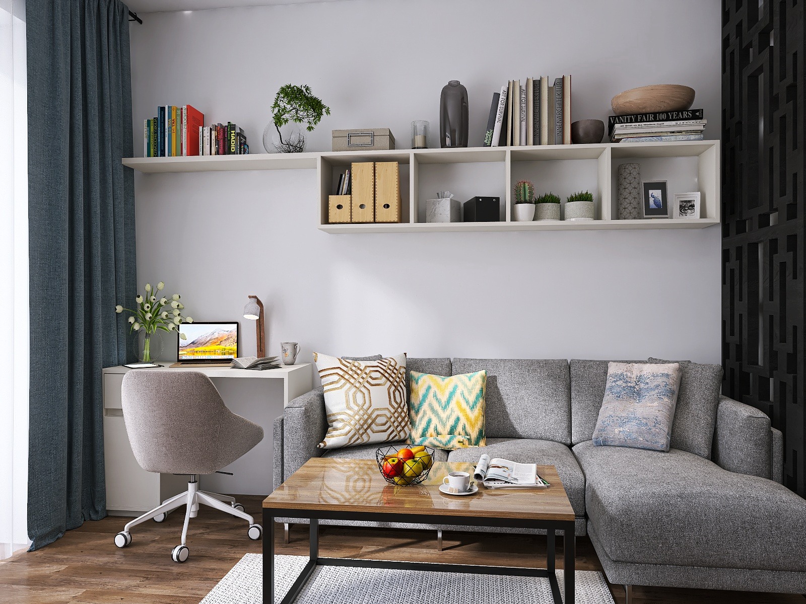 Wizualizacja wnętrza pokoju dziennego z szarą sofą narożną, drewnianym stolikiem kawowym, biurkiem z laptopem i półkami z dekoracjami na ścianie.