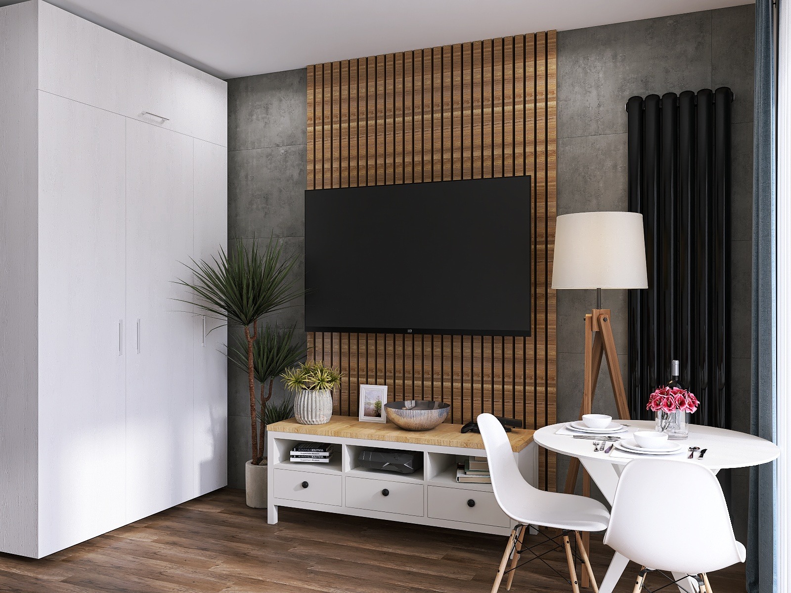 Wizualizacja wnętrza salonu z telewizorem, drewnianą ścianą, białymi meblami i okrągłym stołem z nakryciem.