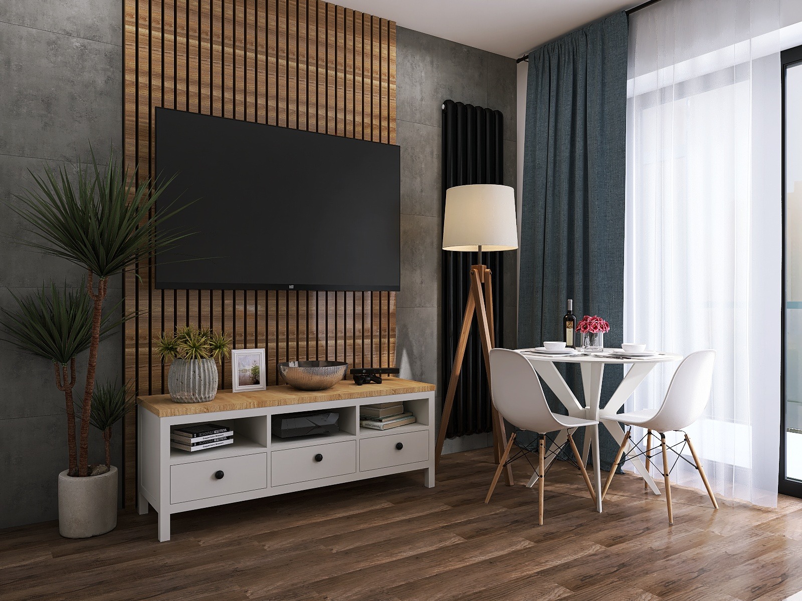 Salon z drewnianą ścianą, telewizorem, białą komodą i okrągłym stołem z krzesłami w stylu skandynawskim, oświetlony lampą na trójnogu.