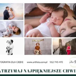 Kolaż sześciu zdjęć: ślubna para na plaży o zachodzie słońca, rodzice tulący noworodka, matka z dzieckiem i pluszowym misiem, ojciec trzymający na rękach małą dziewczynkę, dziecko siedzące przed...