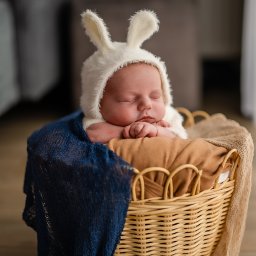 Art Foto Katarzyna Margol - Śpiący noworodek w kostiumie królika leży w wiklinowym koszu, otulony niebieską i beżową tkaniną. Delikatne, naturalne światło podkreśla słodki wyraz twarzy dziecka.