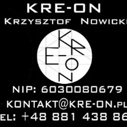 Logo firmy KRE-ON Krzysztof Nowicki z numerem NIP, adresem email kontakt@kre-on.pl i numerem telefonu +48 881 438 866 na czarnym tle.
