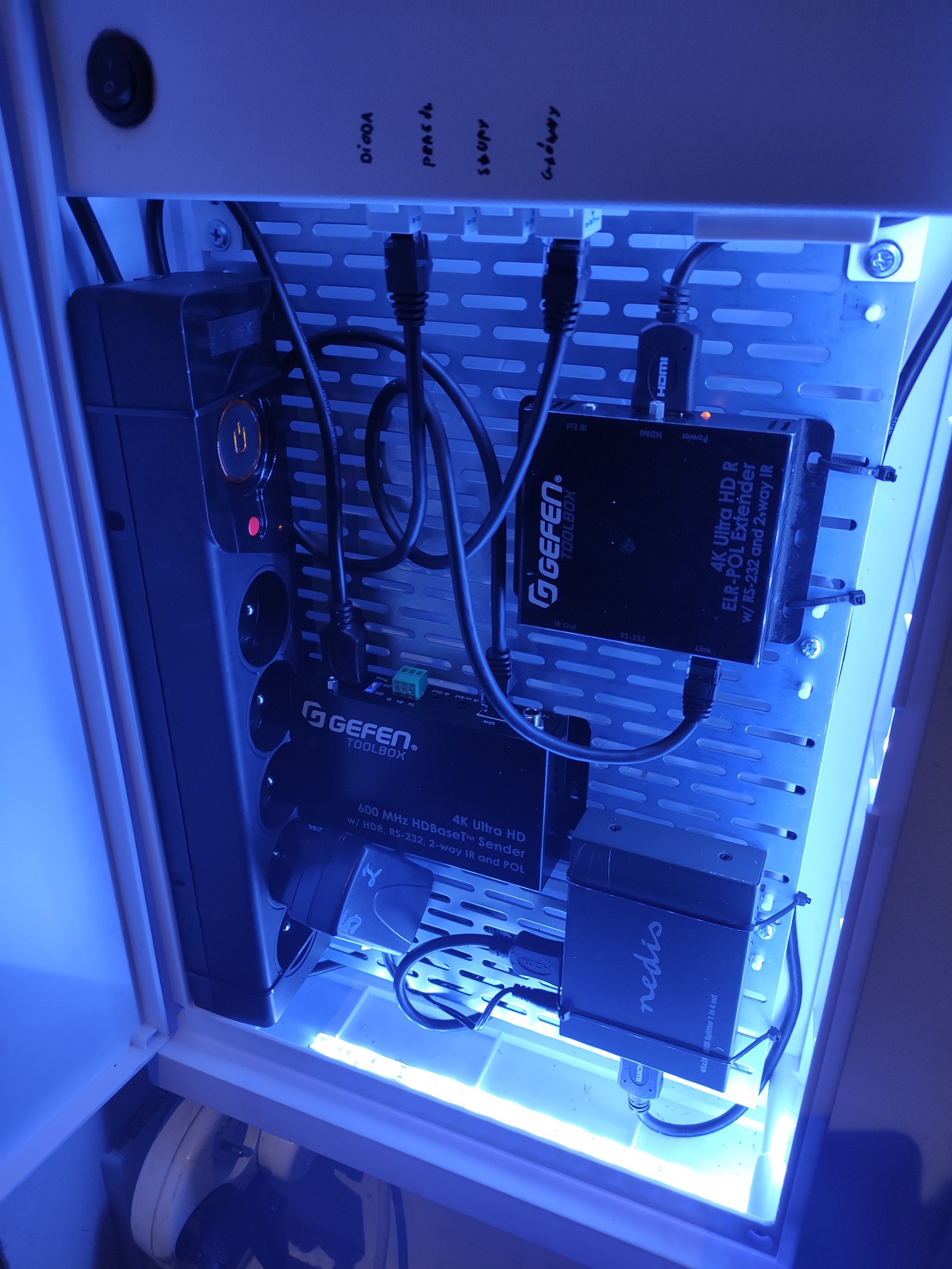 Rozdzielnica z listwą zasilającą, modułami Gefen i Nedis, okablowaniem HDMI i zasilającym. Oświetlenie LED wewnątrz szafki. Napisy 'DIODA', 'PRAS da', 'SOUPY', 'GRÓWNY'.