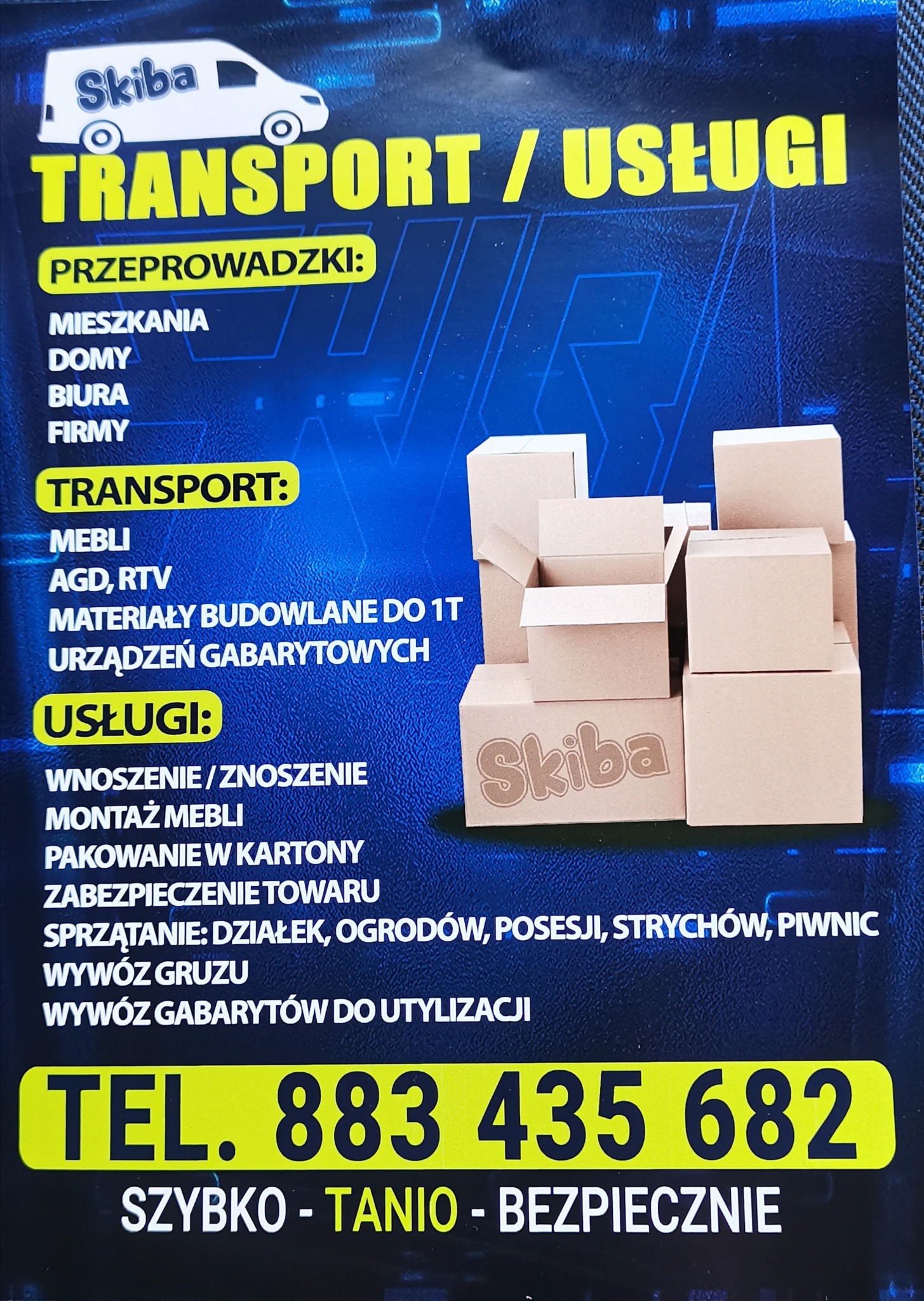 Ulotka reklamowa firmy przeprowadzkowej z ofertą transportu mebli, AGD, materiałów budowlanych, wnoszenia, montażu, pakowania w kartony, sprzątania i wywozu gruzu, z logo firmy na kartonach.