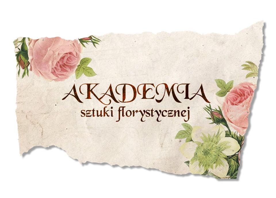 Logo Akademii Sztuki Florystycznej na postarzanym papierze, ozdobione różowymi różami i zielonymi kwiatami.