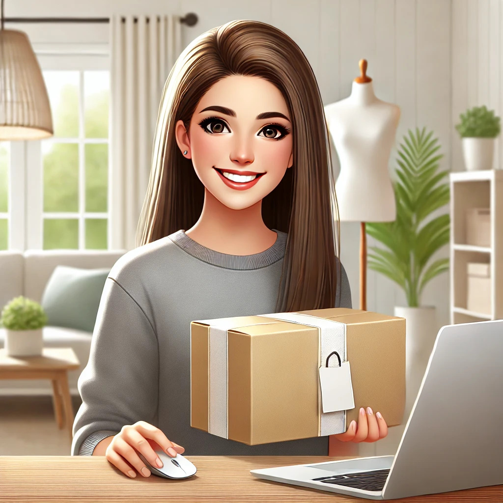 Kobieta z długimi brązowymi włosami uśmiecha się, trzymając pudełko z białym paskiem i etykietą, siedząc przy biurku z laptopem i myszą. W tle widoczny manekin krawiecki, roślina doniczkowa i regał.