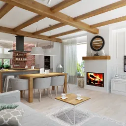 Wizualizacja przestronnego salonu z aneksem kuchennym w stylu rustykalnym: drewniane belki na suficie, ceglana ściana nad blatem kuchennym, kominek z płomieniami, szara sofa z poduszkami i telewizor.