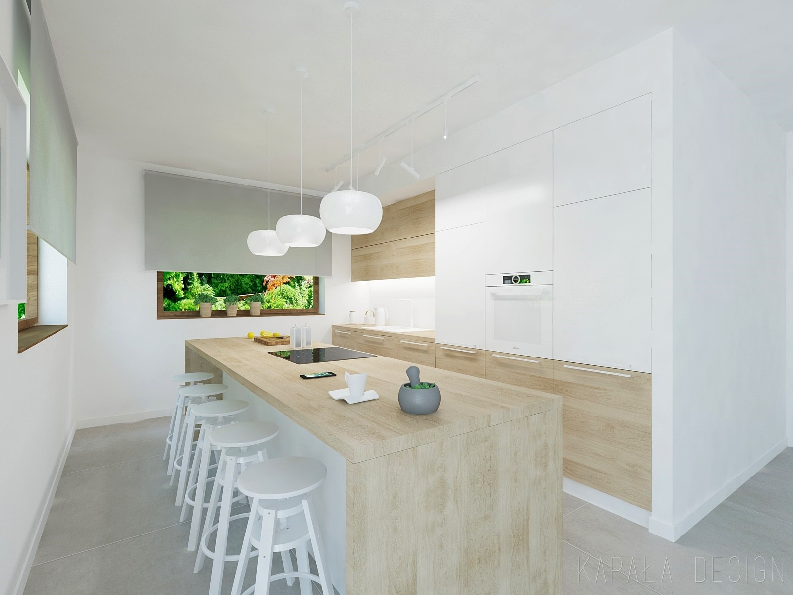 Wizualizacja jasnej kuchni z wyspą, białymi hokerami i oknem z widokiem na zieleń. Minimalistyczne oświetlenie sufitowe, drewniane i białe szafki. Na wyspie: czarna płyta indukcyjna, telefon...