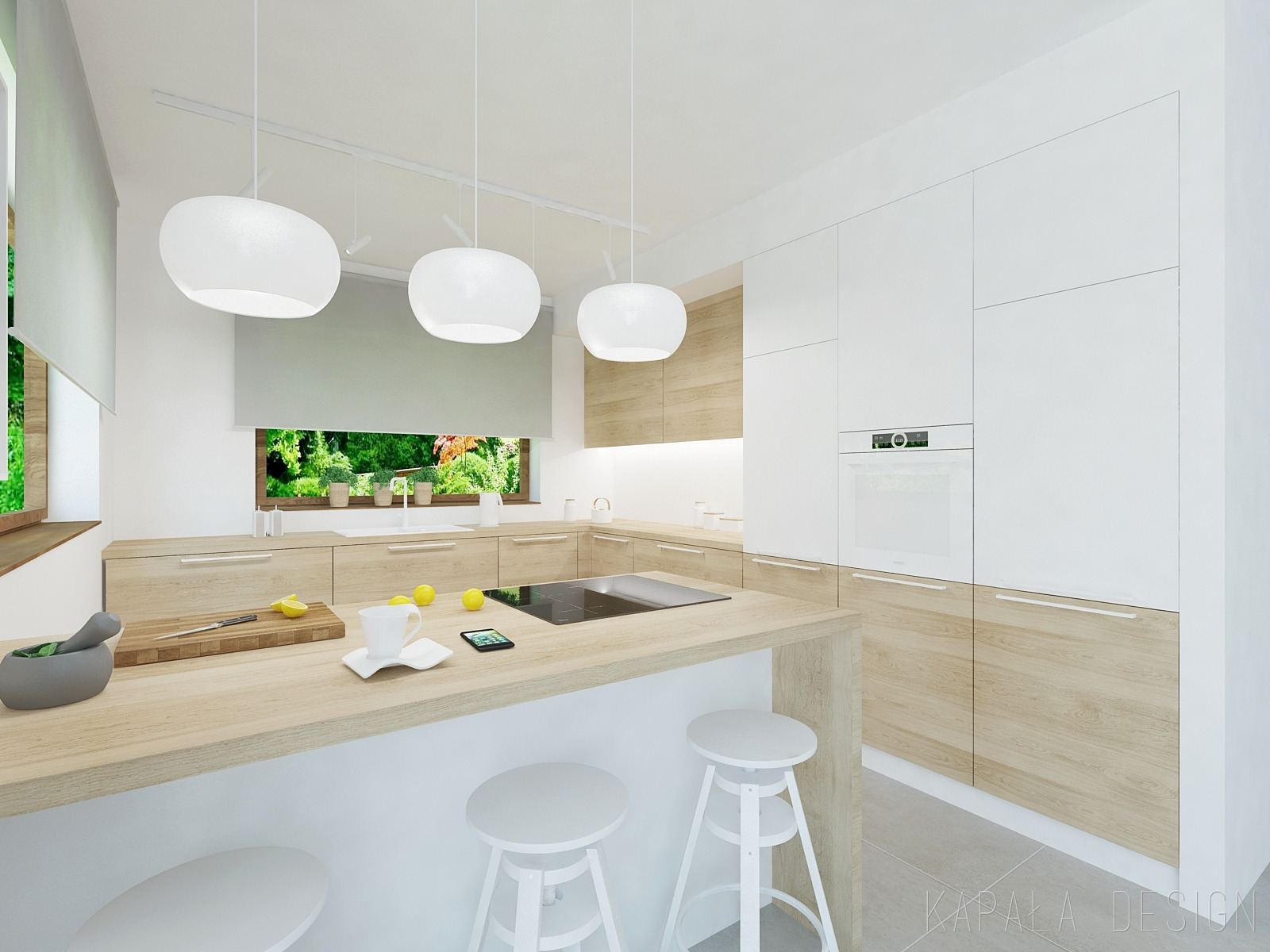 Jasna, nowoczesna kuchnia z wyspą, drewnianymi frontami szafek i białymi wiszącymi lampami. Na blacie wyspy leżą cytryny, telefon i filiżanka kawy. Widok na zielony ogród przez okno.