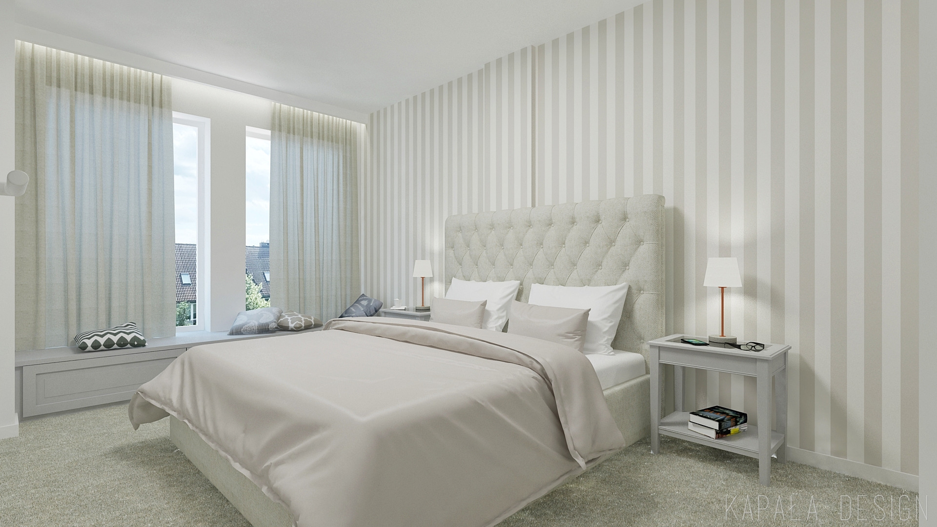 Jasna sypialnia z łóżkiem z pikowanym zagłówkiem, stolikiem nocnym z lampką, oknem z zasłonami i siedziskiem oraz ścianami w biało-szare pasy.