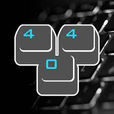 Grafika przedstawiająca trzy klawisze z klawiatury ułożone w kształt głowy, z cyfrą '4' na dwóch górnych klawiszach i pustym kwadratem na dolnym, całość w szaro-niebieskiej kolorystyce na tle...