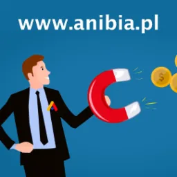 Karykaturalny biznesmen w garniturze przyciąga magnesem monety na tle domeny www.anibia.pl.