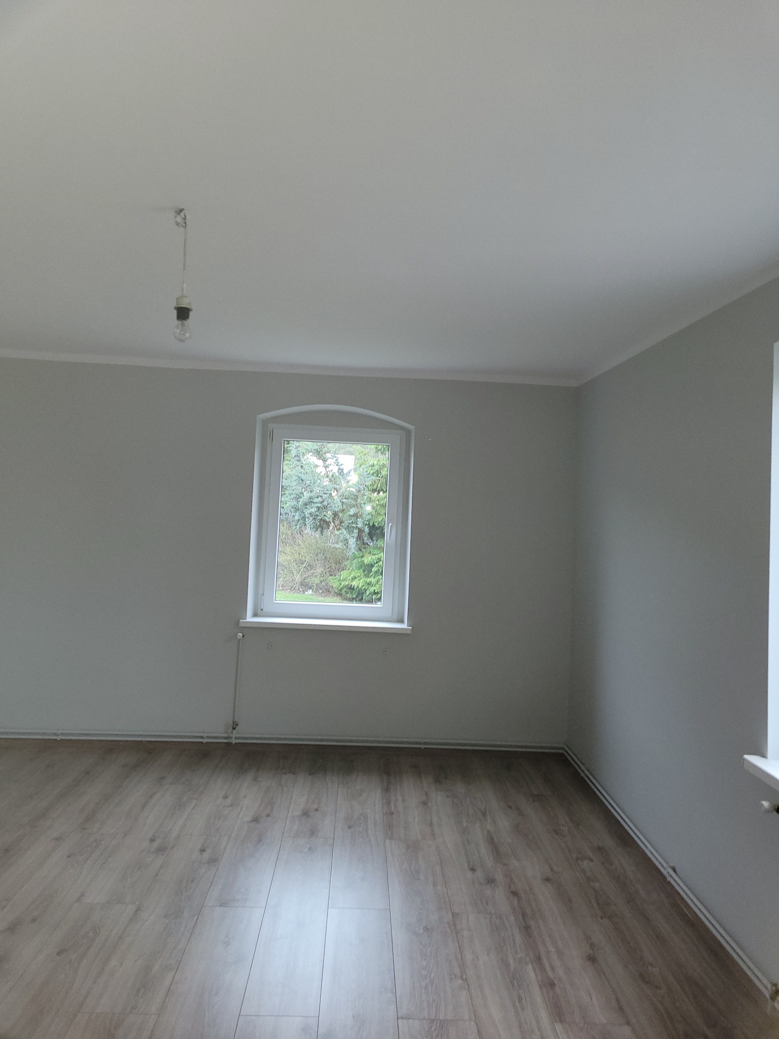 Pusty, jasny pokój po odświeżeniu, z drewnianą podłogą, szarymi ścianami, białymi listwami przypodłogowymi i oknem z widokiem na zieleń na zewnątrz. Na suficie widoczna goła żarówka.