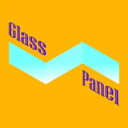 Grafika wektorowa przedstawiająca stylizowany, trójwymiarowy panel szklany na pomarańczowym tle z napisem 'Glass Panel' w kolorze fioletowym.
