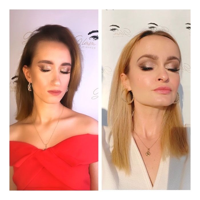 Dwa portrety kobiet z zamkniętymi oczami prezentujące efektowny, błyszczący makijaż oczu w odcieniach złota i brązu; po lewej brunetka w czerwonej sukience, po prawej blondynka w białym żakiecie...