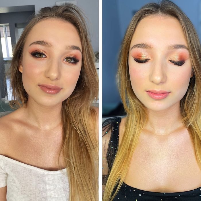 Portret młodej kobiety z pomarańczowo-złotym cieniowaniem powiek i błyszczącymi ustami, pokazujący efekt przed i po aplikacji, z różnymi ubraniami i oświetleniem.
