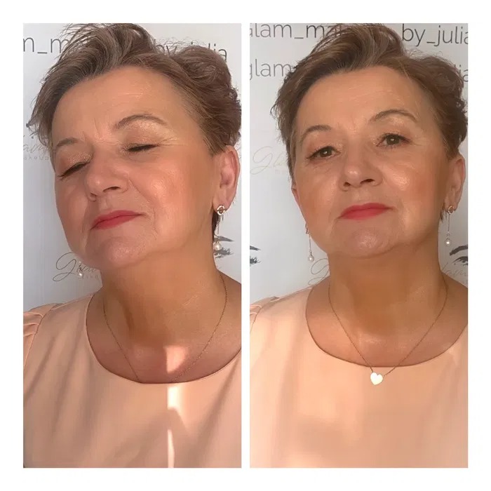 Portret kobiety przed i po delikatnym upiększeniu, widoczne różnice w wyglądzie cery i podkreśleniu rysów twarzy, subtelna biżuteria.