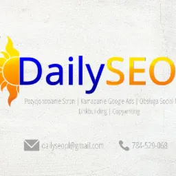 Logo firmy DailySEO na teksturowanym, jasnoszarym tle, z symbolem słońca po lewej stronie nazwy, oferującej usługi z zakresu optymalizacji dla wyszukiwarek, kampanii Google Ads, obsługi social...