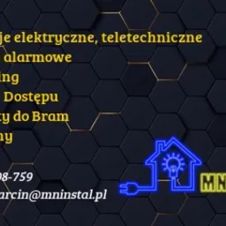Wizytówka firmy MNinstal z neonowym logo domu z żarówką i listą usług: instalacje elektryczne, systemy alarmowe, monitoring, kontrola dostępu, automatyka do bram, domofony, kontakt telefoniczny...