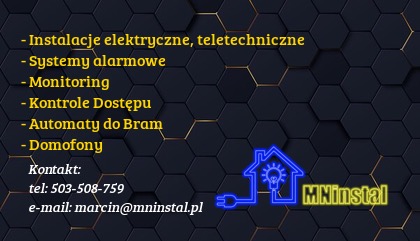 Wizytówka firmy MNinstal z neonowym logo domu z żarówką i listą usług: instalacje elektryczne, systemy alarmowe, monitoring, kontrola dostępu, automatyka do bram, domofony, kontakt telefoniczny...
