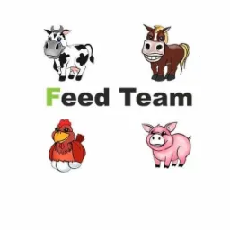 Ilustracja przedstawiająca krowę, konia, kurczaka i świnię w stylu kreskówkowym z napisem 'Feed Team' na białym tle.