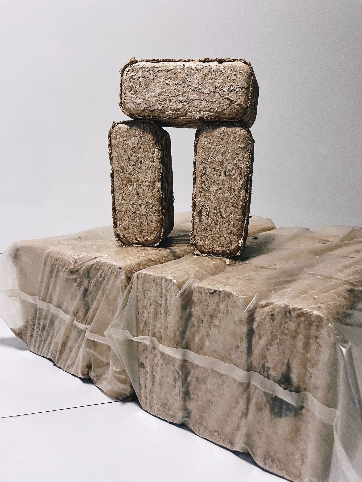 Ułożone w piramidę prostokątne kostki brykietu drzewnego, część zafoliowana, na białym tle.