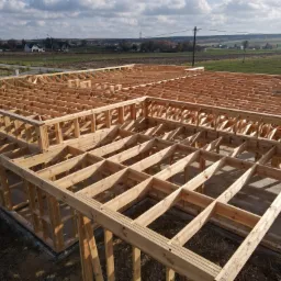 Surowa konstrukcja drewniana domu w trakcie budowy, widok z góry na szkielet z belek i słupów, z polami uprawnymi i domami w tle pod pochmurnym niebem.