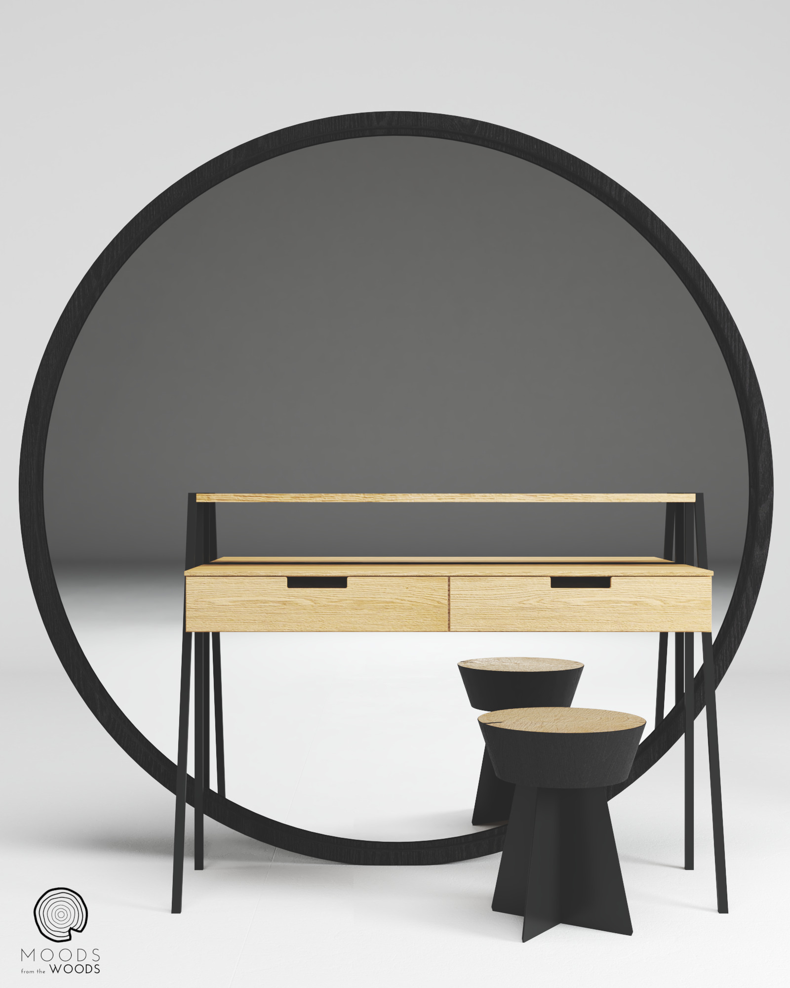 Minimalistyczne biurko z jasnego drewna z dwoma szufladami, czarnymi metalowymi nogami i okrągłym lustrem w czarnej ramie; dwa czarne stołki z drewnianymi siedziskami, logo 'MOODS from the WOODS'...