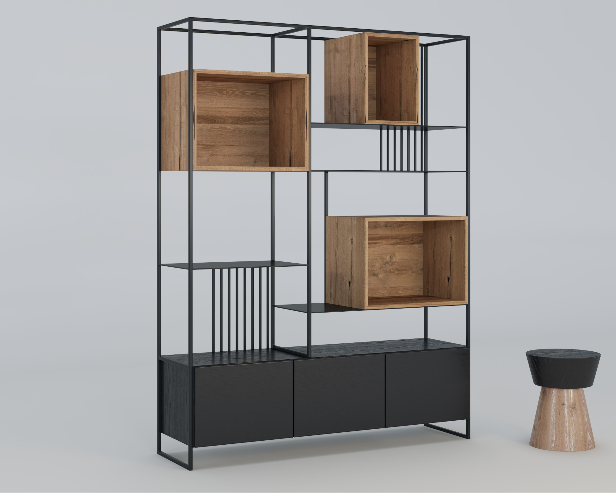 Regał z czarną metalową ramą i drewnianymi elementami w odcieniach brązu, z dolną częścią zabudowaną czarnymi szafkami, obok stoi drewniany taboret z czarnym siedziskiem.