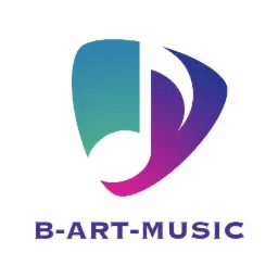 Abstrakcyjne logo firmy muzycznej B-ART-MUSIC z gradientem kolorów i motywem nuty.