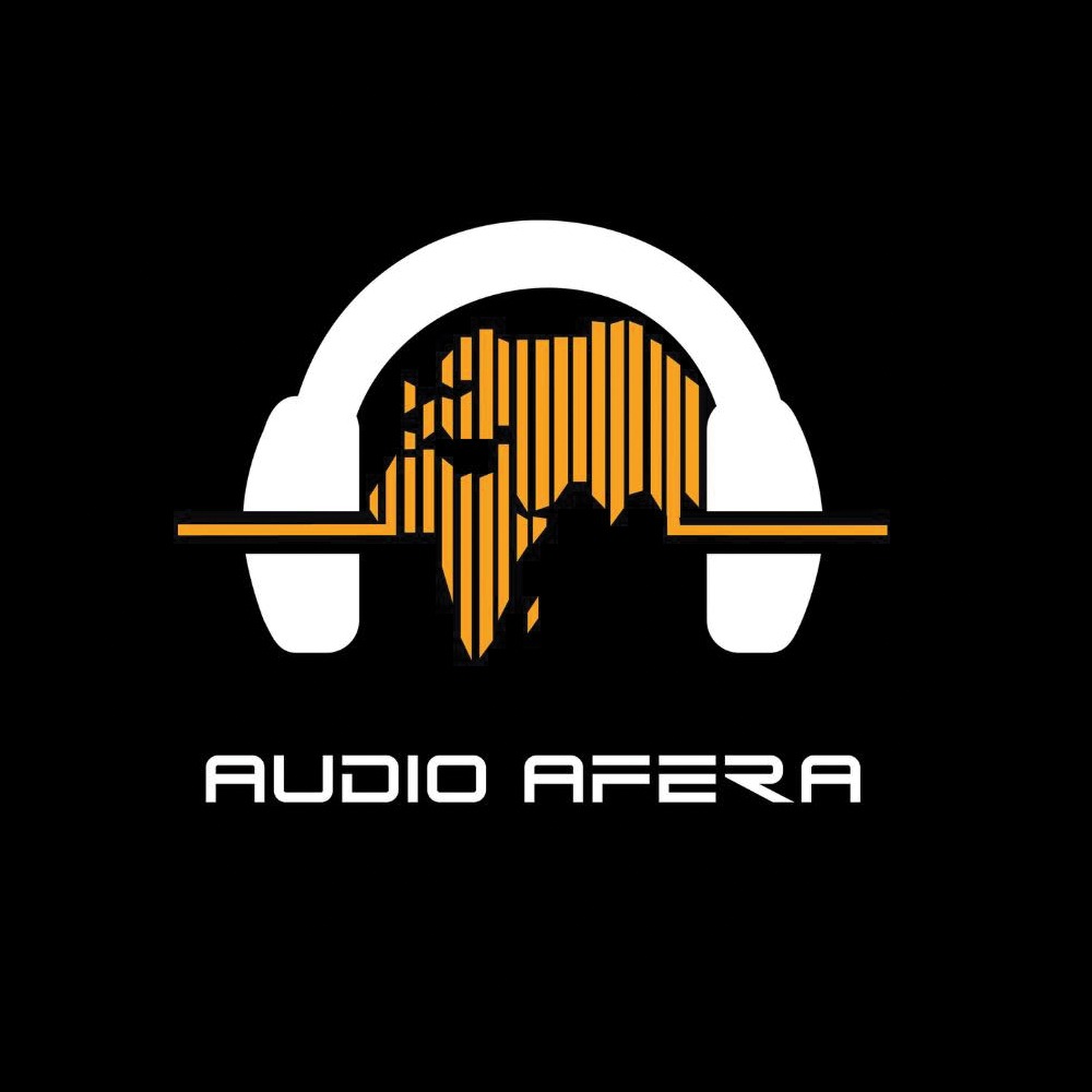Logo firmy Audio Afera: białe słuchawki z żółto-czarną grafiką kontynentu afrykańskiego wewnątrz, na czarnym tle.