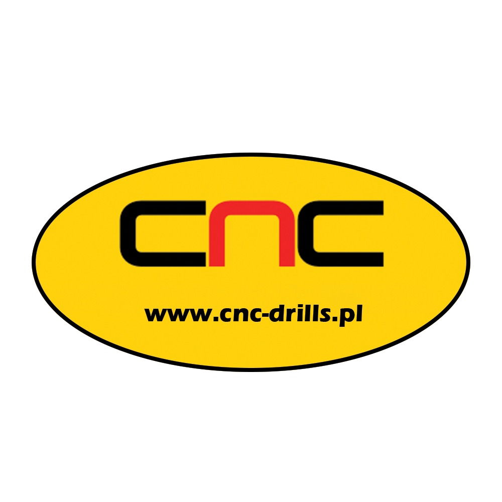 Żółte logo w kształcie owalu z czarnym napisem 'www.cnc-drills.pl' i czarnymi literami 'CNC', gdzie środkowa litera 'N' jest czerwona.