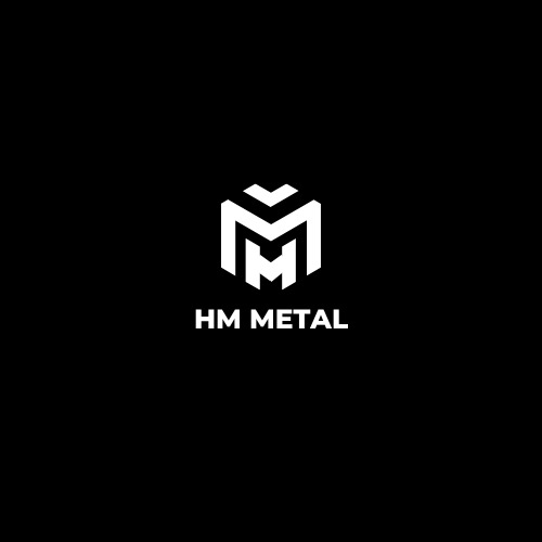 Białe logo HM Metal na czarnym tle, przedstawiające geometryczny sześciokąt z literami H i M wewnątrz.