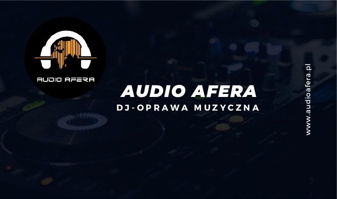 Logo firmy Audio Afera na tle sprzętu DJ-skiego, z napisem 'DJ-oprawa muzyczna' i adresem strony internetowej.