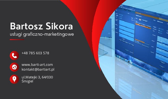 Wizytówka z imieniem Bartosz Sikora, oferującego usługi graficzno-marketingowe, z danymi kontaktowymi i zrzutem ekranu programu graficznego w tle.