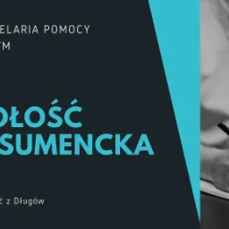 Grafika reklamowa kancelarii prawnej Geko, oferującej pomoc zadłużonym, z hasłem 'Upadłość konsumencka 2021' i sloganem 'Pomagamy wyjść z długów', obok dłoni piszącej w notatniku.