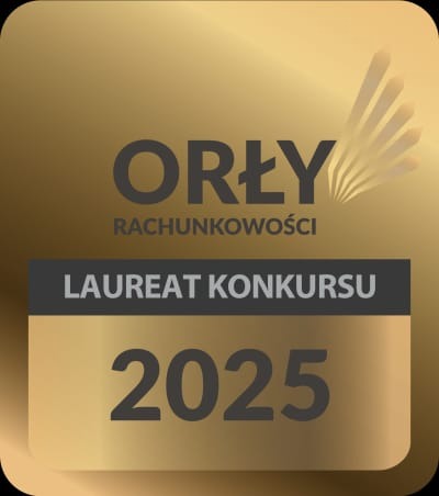 Złota nagroda 'Orły Rachunkowości - Laureat Konkursu 2025' z charakterystycznym logo, symbolizująca uznanie w branży księgowej.
