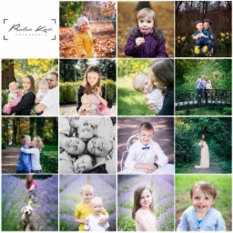 Kompilacja zdjęć: logo fotografa, dziecko w jesiennych liściach, dziewczynka z lizakiem, chłopcy z narcyzami, rodzina z dwiema córkami, dziewczynka na huśtawce, matka całująca niemowlę, rodzina...