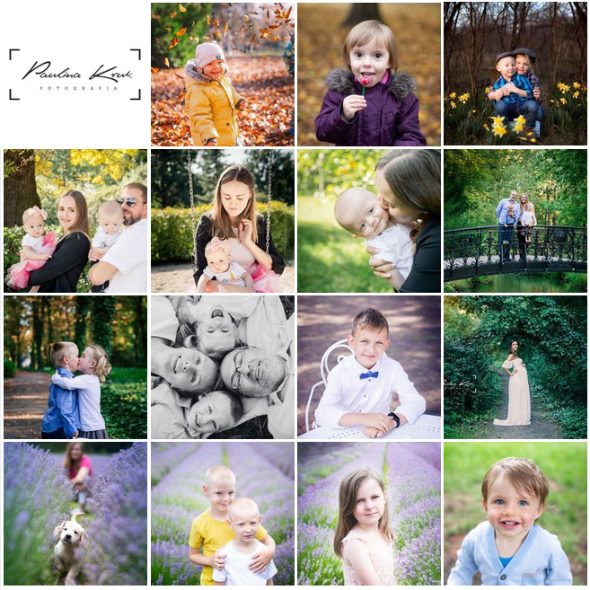 Kompilacja zdjęć: logo fotografa, dziecko w jesiennych liściach, dziewczynka z lizakiem, chłopcy z narcyzami, rodzina z dwiema córkami, dziewczynka na huśtawce, matka całująca niemowlę, rodzina...