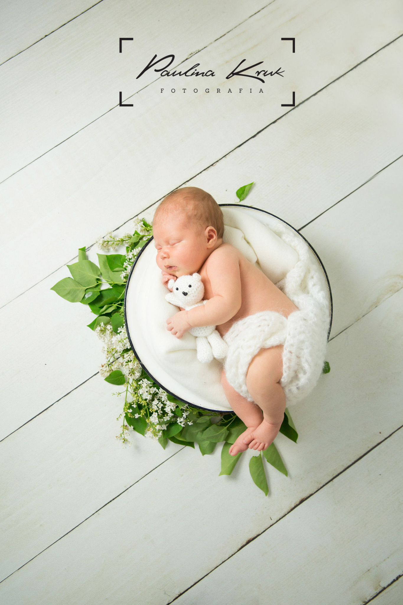 Noworodek śpiący w białej misce, otoczony kwiatami i liśćmi, trzymający pluszowego misia, na tle drewnianych desek z logo fotografa w rogu.