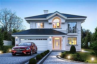 Dwukondygnacyjny dom z garażem i podjazdem wyłożonym kostką, oświetlonym kulistymi lampami. Czerwony samochód zaparkowany przed garażem. Biała elewacja, czarny dach i stolarka okienna. Okno łukowe...