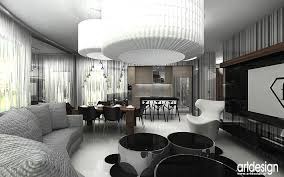 Wizualizacja przestronnego, nowoczesnego wnętrza z zaokrągloną sofą, okrągłymi stolikami kawowymi, dużą lampą sufitową i widoczną jadalnią w tle.