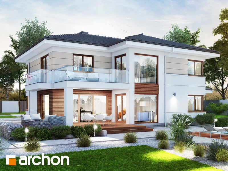 Wizualizacja dwukondygnacyjnego domu z płaskim dachem, dużymi oknami i balkonem ze szklaną balustradą, otoczonego zagospodarowanym ogrodem z elementami drewna i kamienia.