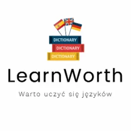 Logo LearnWorth: trzy słowniki ułożone jeden na drugim, zwieńczone flagami Hiszpanii, Wielkiej Brytanii i Niemiec. Poniżej napis 'Warto uczyć się języków'.