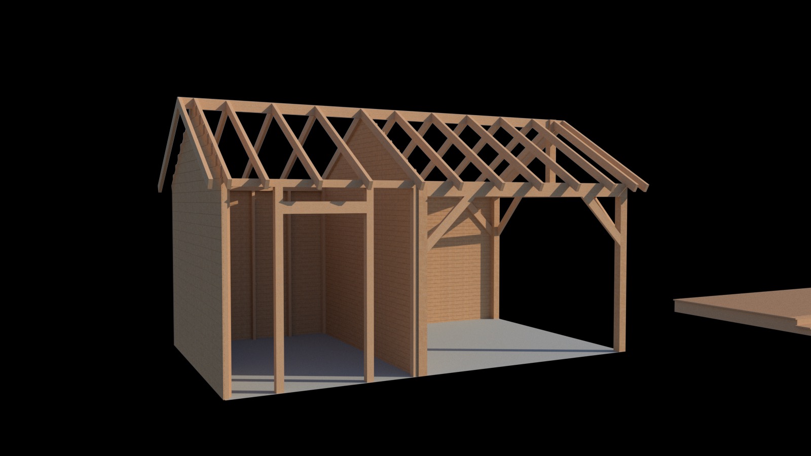 Wizualizacja 3D szkieletu budynku z drewna, ukazująca konstrukcję ścian, dachu i otwartą przestrzeń garażową na czarnym tle.