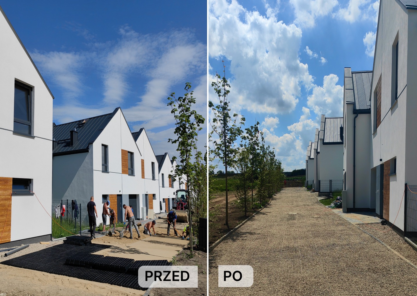 Porównanie stanu przed i po ułożeniu nawierzchni z kruszywa stabilizowanego siatką na osiedlu domów jednorodzinnych w zabudowie szeregowej; widoczni pracownicy w trakcie robót ziemnych.