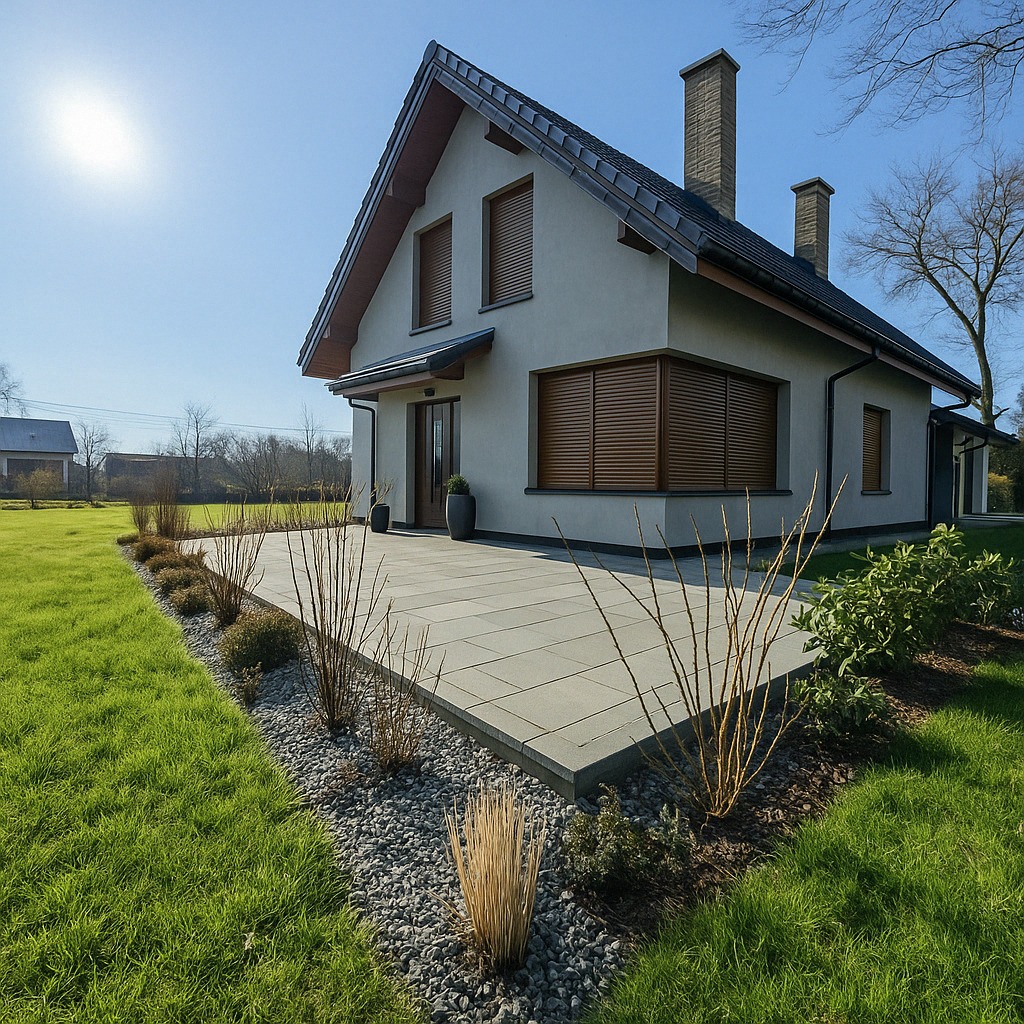 Nowoczesny taras z jasnoszarej kostki, obrzeża z kamienia, trawnik i dom z drewnianymi żaluzjami w tle. Słoneczny dzień, minimalistyczny design.